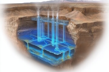 Cross sectional geological illustration showing groundwater reservoirs with cascading aquifers and subsurface water flow highlighting natural water systems and hydrological processes