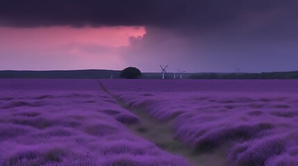 Lavender Field Wind Turbines Dramatic Sunset Sky