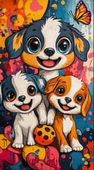 Three Adorable Puppies In A Colorful Artistic Setting