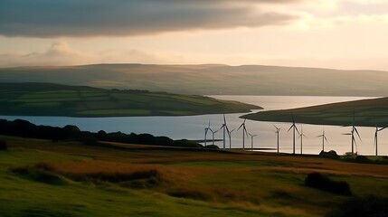 Wind Turbines on a Hillside Overlooking a Lake