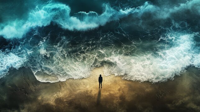 Lone figure facing immense ocean wave.
