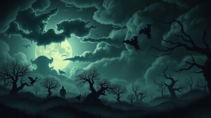 Fototapeta premium Dark and eerie seamless pattern depicting a scary otherworldly landscape filled with twisted trees, ominous clouds, and mysterious creatures, eerie, another world