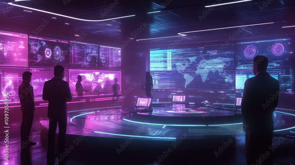 Poster futuristic control room monitoring global data streams