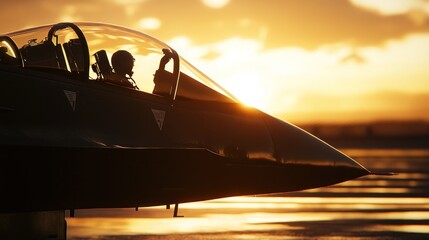 Fototapeta premium Jet fighter silhouette at sunset with pilot inside.