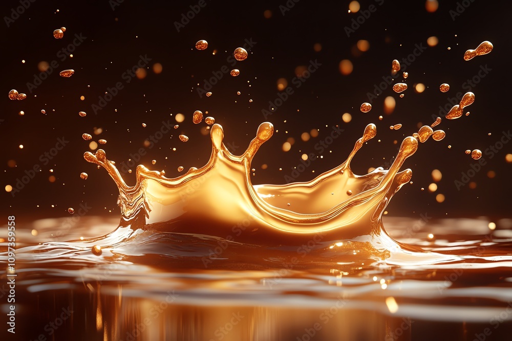 Poster a dynamic splash of golden liquid creating an artistic water crown effect.