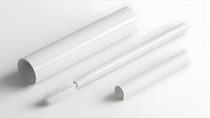 White cylindrical cosmetic packaging mockup with brush applicator, isolated on white background.