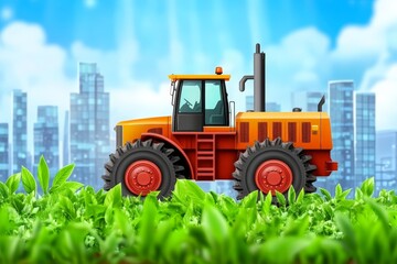 Bright red tractor in a lush green agricultural field with tall grass and a backdrop of a modern cityscape symbolizing the intersection of traditional farming and urban progress