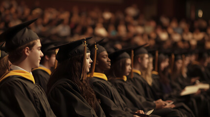 Obraz premium graduation ceremony university college graduate inspiring emotional cap gown crowded background achievement celebration pride accomplishment hope future education students success celebrate job search