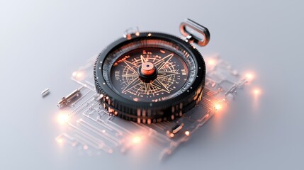 Modern Compass on Circuit Board with Glowing Elements and Details