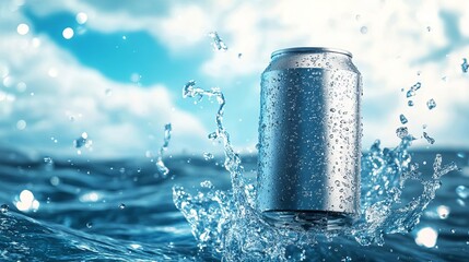 Refreshing Drink Can in Water Splash Ocean Scene