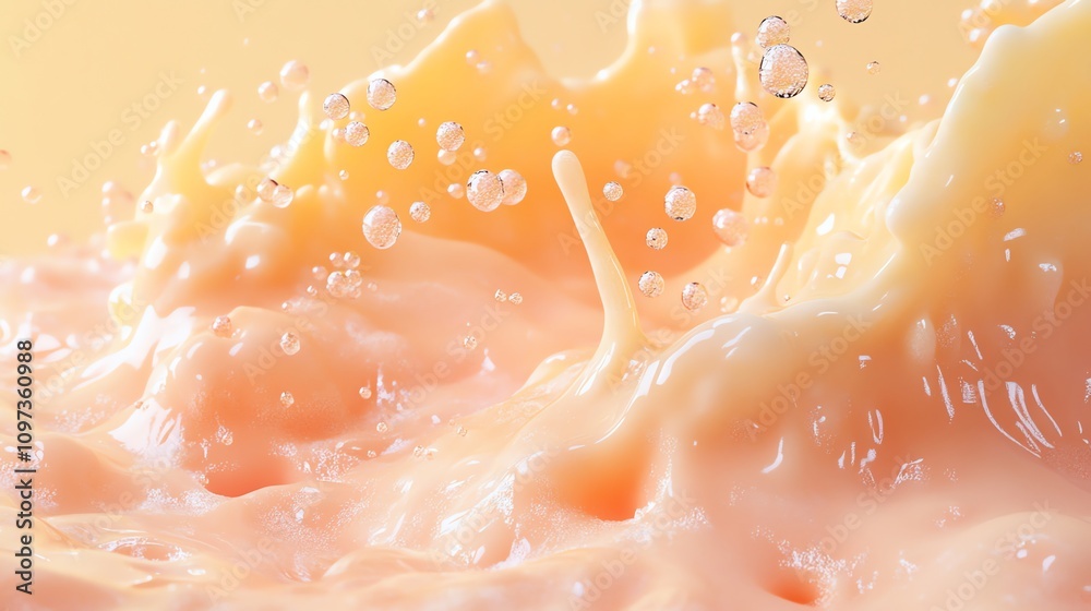 Poster A close-up of a creamy liquid splashing, creating dynamic droplets and textures.