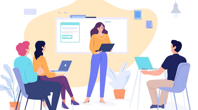 A businesswoman conducting a meeting with a laptop open and team members actively contributing 