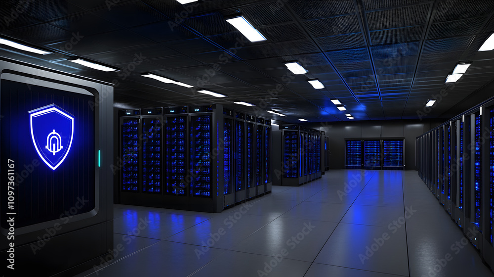 Canvas Prints digital illustration of cybersecurity and data centre protection. shield icon with a padlock symbol 