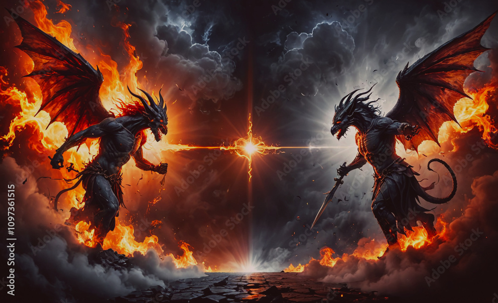 Poster two dragons are fighting each other in the sky. the sky is filled with fire and clouds. scene is int