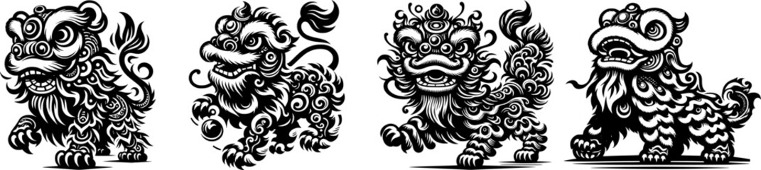 Intricate Designs of Mythical Chinese Guardian Lions, Artistic Depictions of Traditional Chinese Foo Dogs, Symbolic and Ornate Chinese Lion Statues in Art.