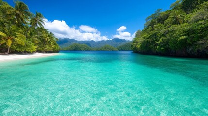 Fototapeta premium Tropical Paradise: A tranquil beach scene with crystal-clear turquoise waters lapping against pristine white sand, framed by lush green palm trees and a backdrop of verdant hills.