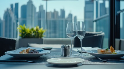 Fototapeta premium Restaurant table with food and view on skyscrapers