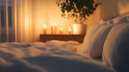 cozy inviting home house apartment bedroom neatly made bed soft white sheets fluffy pillows warm relaxing relax lit candles decoration plant comforting space comfortable relaxation 