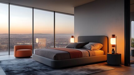 Serene bedroom retreat with city views modern design evening light minimalistic style