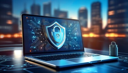 laptop with icons and cyber security data protection, highlighting digital safety and technology.