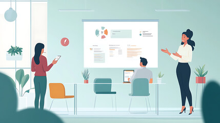 Fototapeta premium A businesswoman leading a feedback session with her team in a bright and open workspace 