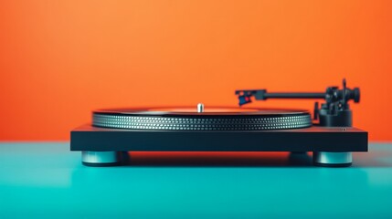 Turntable on Teal: A sleek, black turntable sits poised on a vibrant teal surface against a bold orange backdrop, capturing the essence of vintage audio and modern design.  