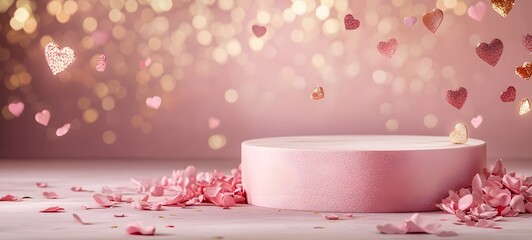 A soft pink podium with a velvet texture, bathed in warm golden light, with ample empty space for displaying a romantic Valentine is gift.