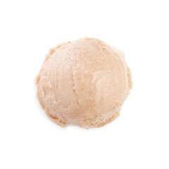Scoop of yummy ice cream isolated on white, top view