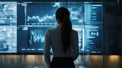A businesswoman standing in front of a large monitor showing sales performance graphs 