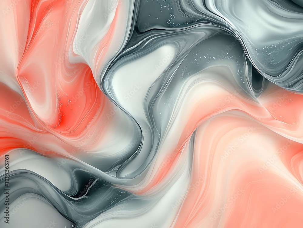 Poster Abstract swirling patterns in coral, gray, and white, creating a fluid and dynamic texture.