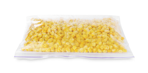 Frozen corn kernels in plastic bag isolated on white