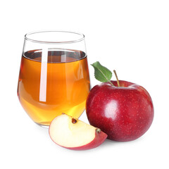 Tasty apple juice in glass and fresh fruits isolated on white