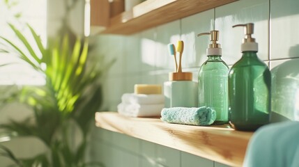 Sunlit bathroom shelf with toiletries, towels, and plant.