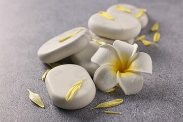 Spa stones, plumeria flower and petals on grey table, closeup