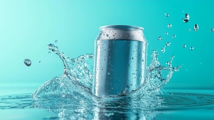 Refreshing Silver Can in Aqua Water Splash