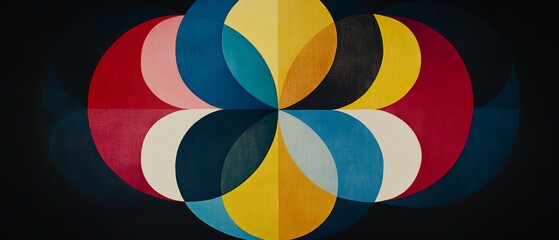 Obraz premium Geometric overlapping circular patterns in vivid shades of red blue and yellow creating a bold modern abstract composition with symmetry and energy