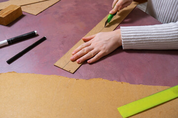 Wooden Christmas tree handmade Storytelling creating craft Christmas holiday decoration. Tactile hand-on activity. Master class progress of creative me-made gifts. Seasonal domestic life micro 