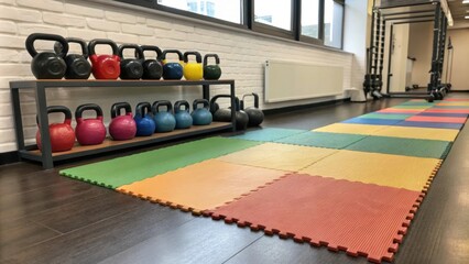 The polished floor is adorned with vibrant durable exercise mats while an array of kettlebells in different weights sit on a compact shelf offering quick access for strength