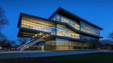 Obraz premium Modern architectural building with glass facade at dusk.