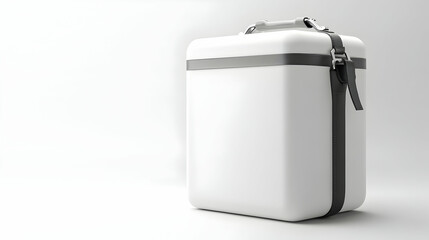 White hard case with a handle and strap, isolated on white background.