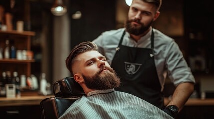 Professional interaction: client is with master in barbershop, showcasing artistry of hair cutting and styling, capturing moment of trust and skill between barber and client.