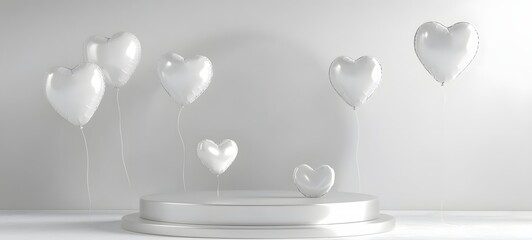 A sleek silver podium with a minimalist design, surrounded by floating heart-shaped balloons, with an open space for showcasing a gift or product. - Powered by Adobe