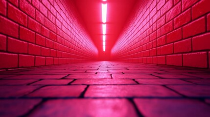 Crimson Brick Tunnel: A captivating perspective down a long, narrow corridor of red brick walls, illuminated by a vibrant pink neon light. The image evokes a sense of mystery and intrigue. - Powered by Adobe