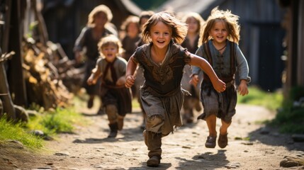 Fototapeta premium Valiant youth - viking child immersed in traditional lifestyle, capturing essence of nordic upbringing, daily routines, spirited adventures that define early years of young viking.