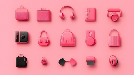 Pink Accessories and Gadgets Arranged on Pink Background