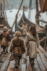 Naklejka premium Valiant youth - viking child immersed in traditional lifestyle, capturing essence of nordic upbringing, daily routines, spirited adventures that define early years of young viking.