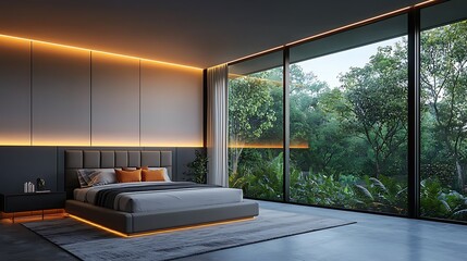 Modern bedroom oasis with nature view minimalist design relaxing atmosphere indoor plants