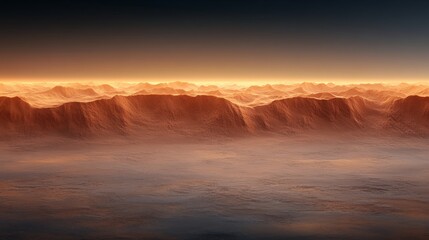 Naklejka premium Above the Clouds: A mesmerizing landscape painted in hues of orange and gold, as a sea of clouds stretches out beneath a dramatic sky. The peaks of distant mountains pierce through the mist.