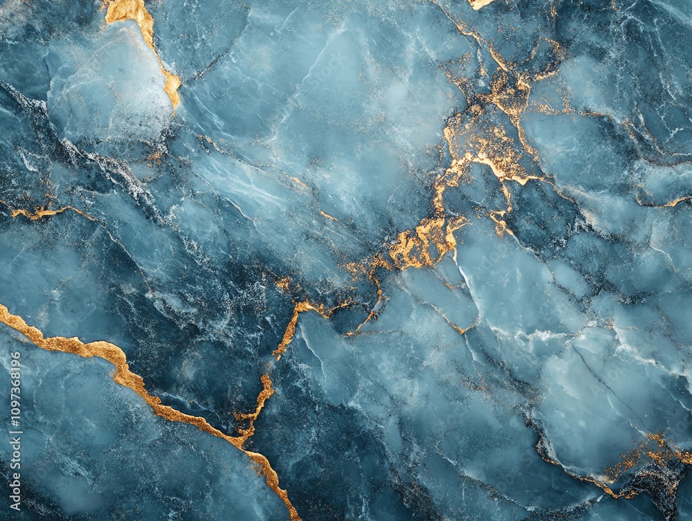 Poster Abstract blue and gold marble texture with intricate patterns and smooth surface.