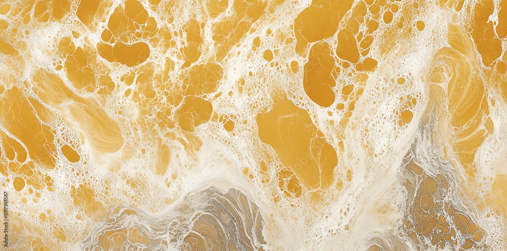 Poster abstract fluid art in warm yellow and gray tones with organic shapes and textures.